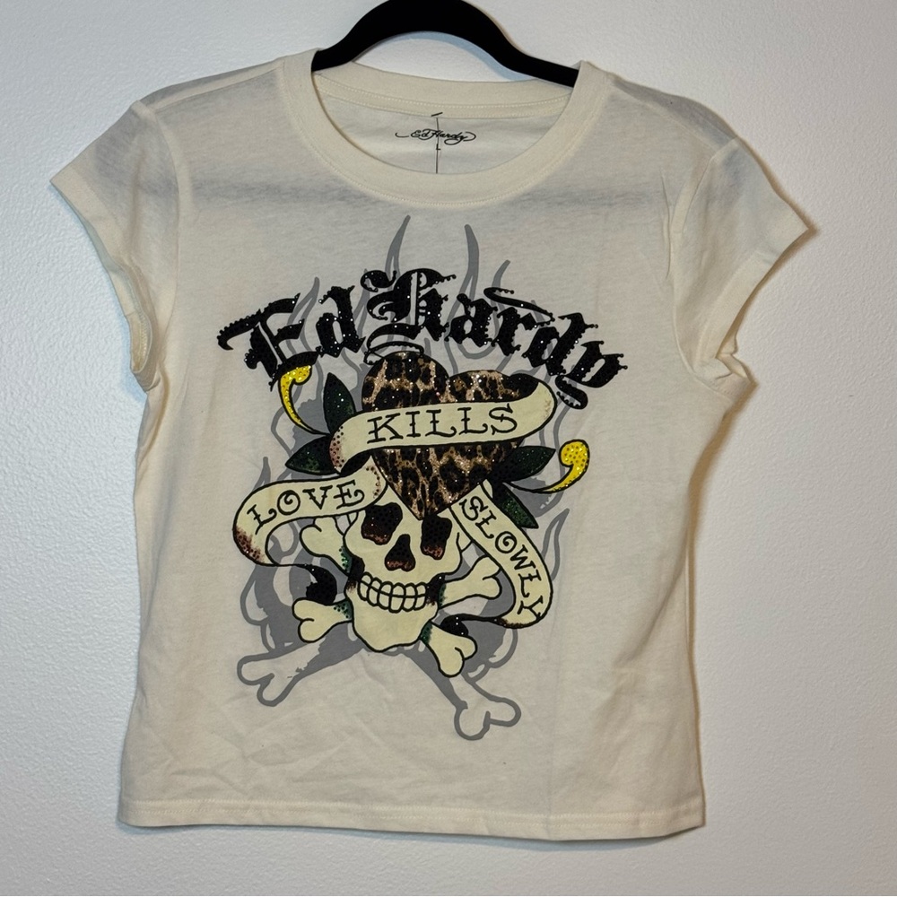 ED HARDY Love Kills Slowly Skull Womens Cap Sleeve Tee Large Ivory NWT - Picture 3 of 10